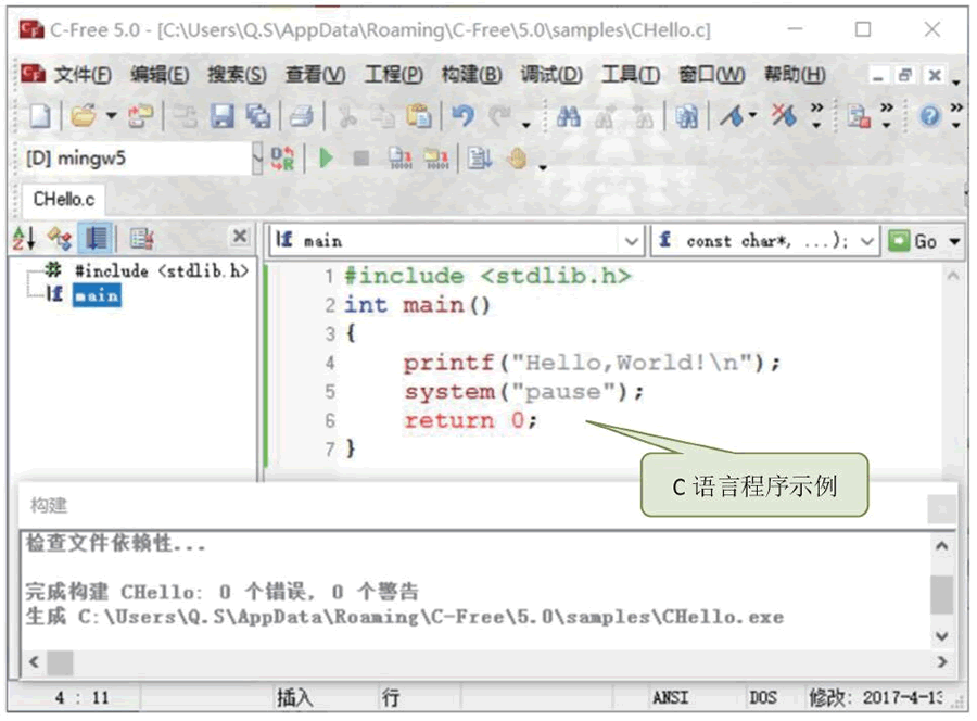 C 编译器（C-Free 5.0）及用 C 语言编写的程序源代码（C 源程序）