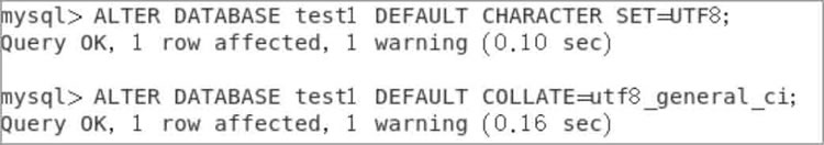 修改test1数据库默认的字符集及排序规则