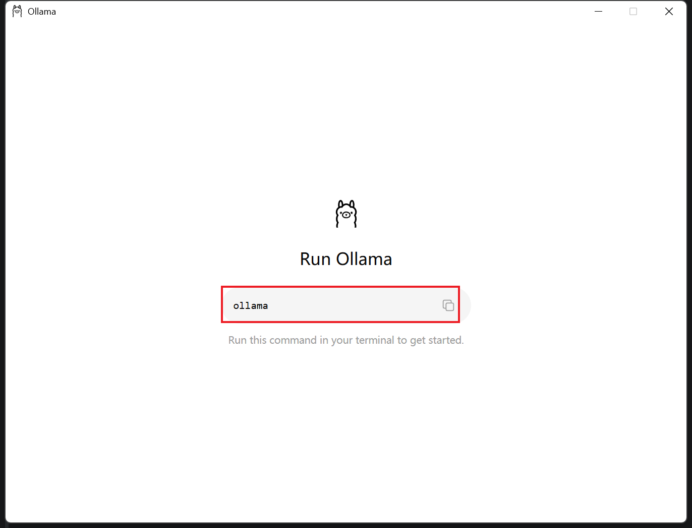 Ollama 本地模式主页，红框标注 ollama 命令输入框和复制图标
