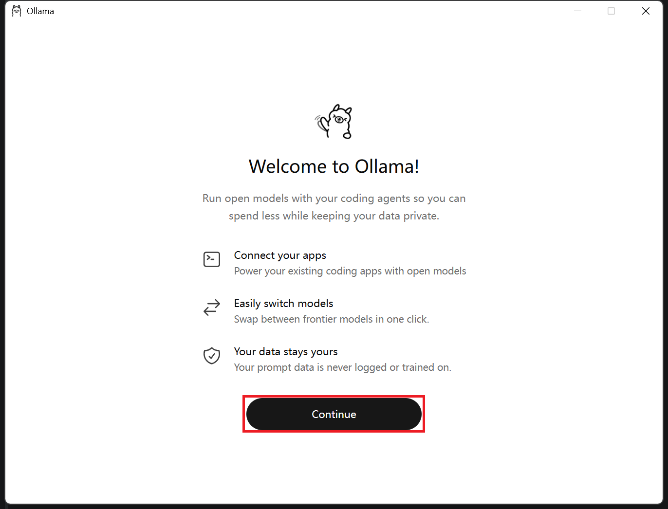Ollama 桌面 App 欢迎页，红框标注黑色 Continue 按钮
