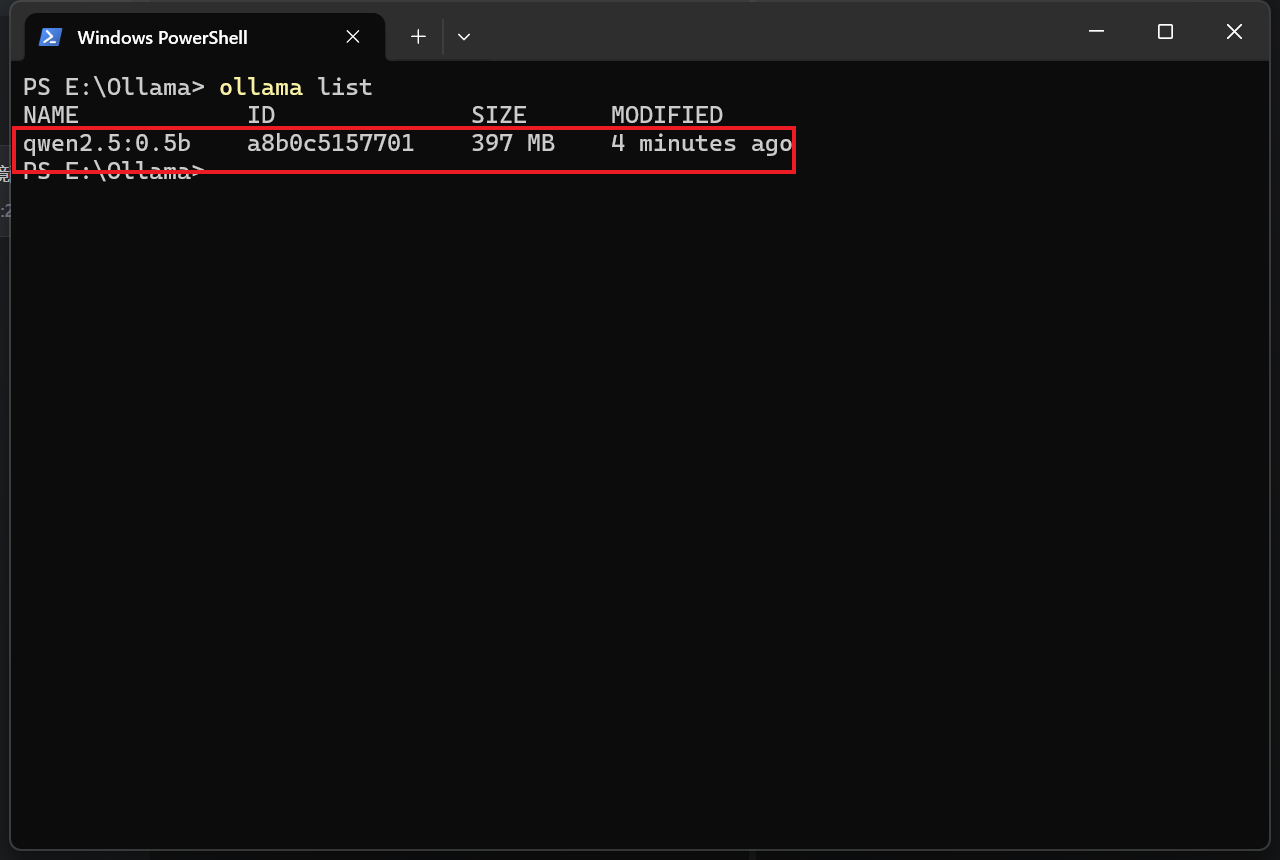 PowerShell 中 ollama list，列出 qwen2.5:0.5b 模型、ID、397 MB、修改时间