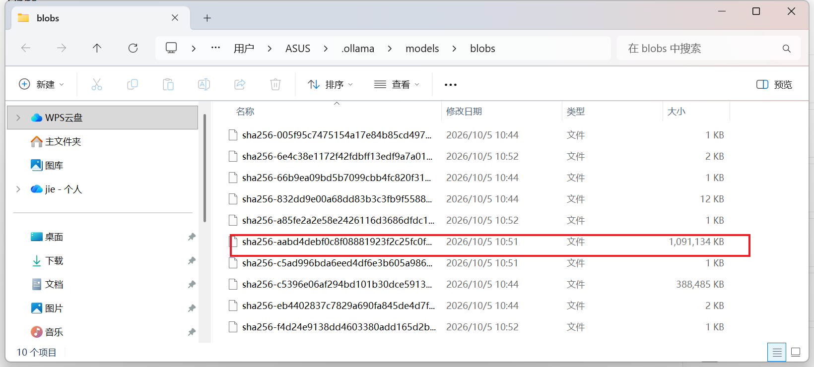 blobs 文件夹，sha256 命名的数据文件，最大文件 1,091,134 KB