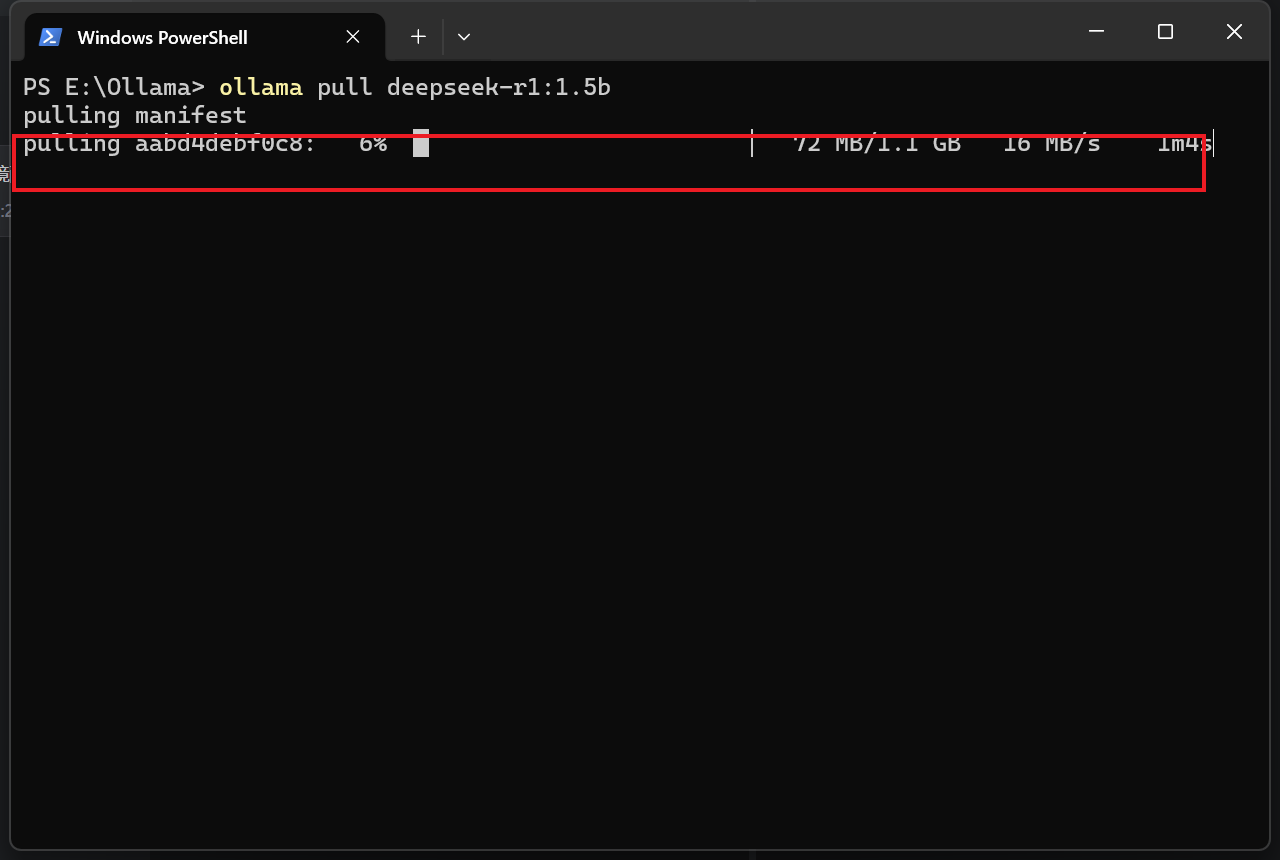 PowerShell 中执行 ollama pull deepseek-r1:1.5b，进度 6%，72 MB/1.1 GB，16 MB/s，剩余 1m4s