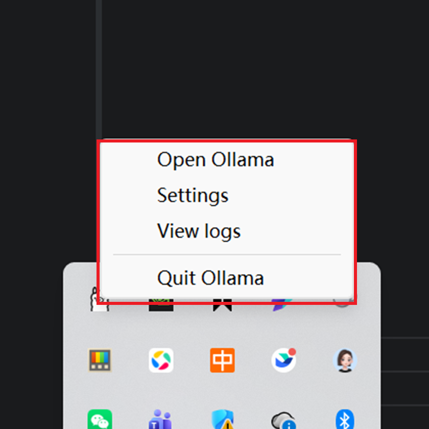 Ollama 托盘右键菜单：Open Ollama / Settings / View logs / Quit Ollama