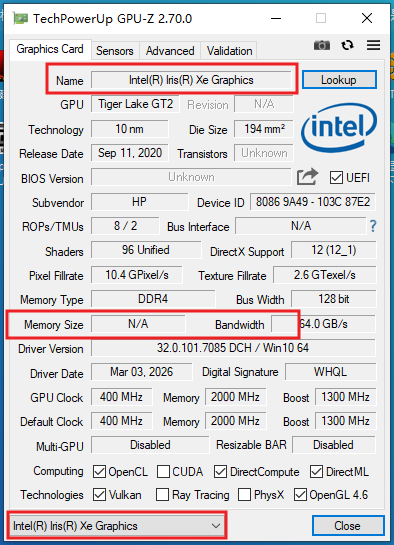 图9:GPU-Z显示Intel核显;底部选择框可切换显卡。