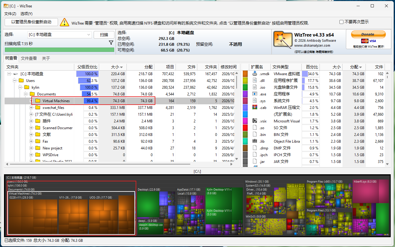 Virtual Machines目录约74.3GB，下方对应色块区域被选中。