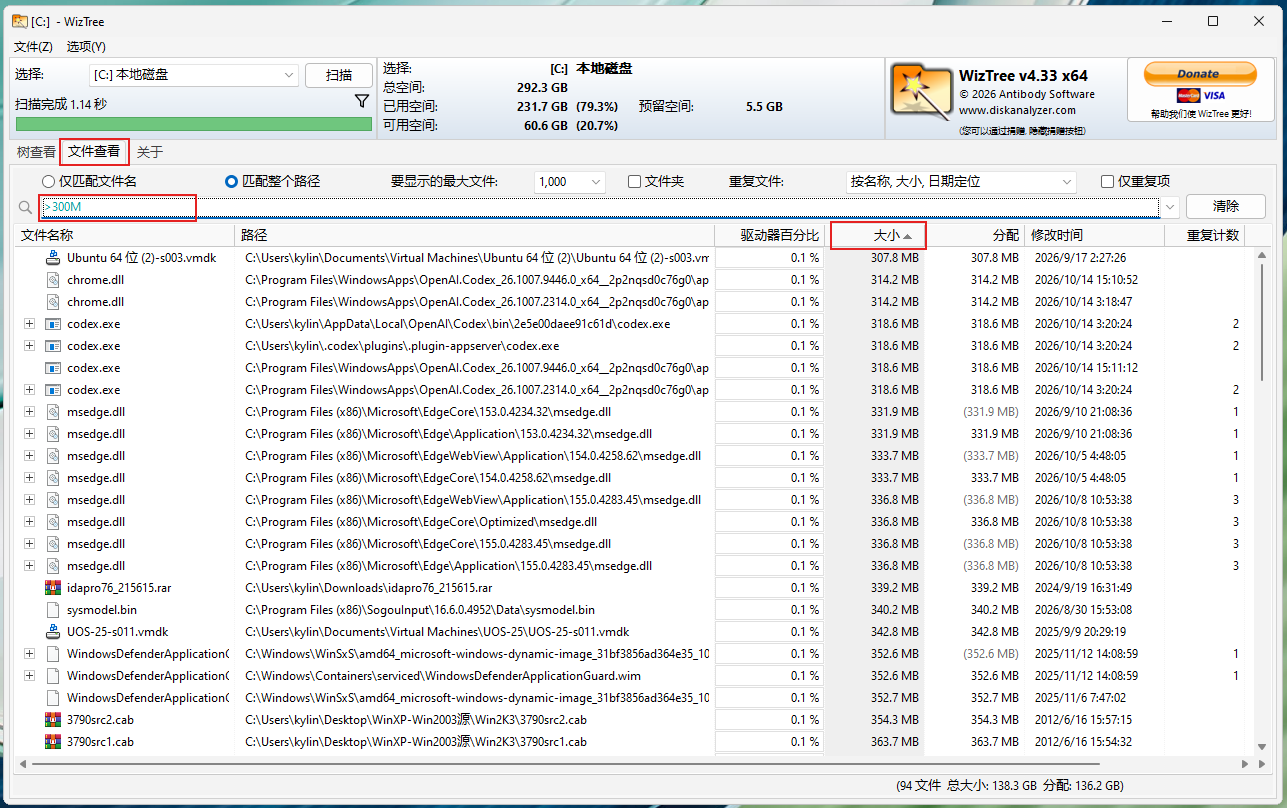 大于300MB的文件筛选