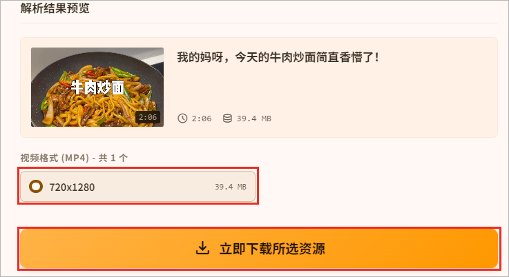 解析出一项 MP4 资源，选中后点击橙色下载按钮。