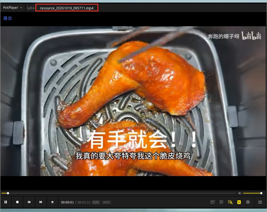 下载文件已在 PotPlayer 打开，顶部可看到对应文件名。